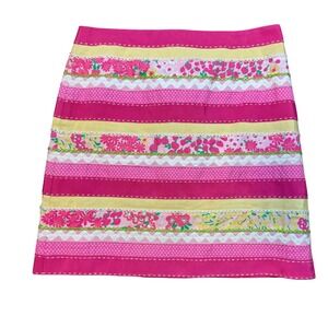 Vintage Retro Lilly Pulitzer Pink  Floral Patchwork Ribbon Skirt Trim Boho‎ S
